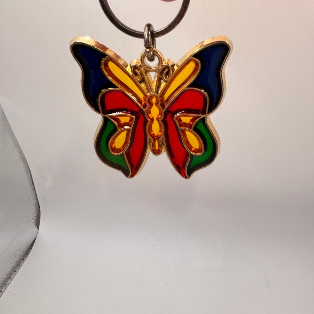 Butterly Keychain Stained Glass Look with Gold Red Orange Blue Green Yellow VTG